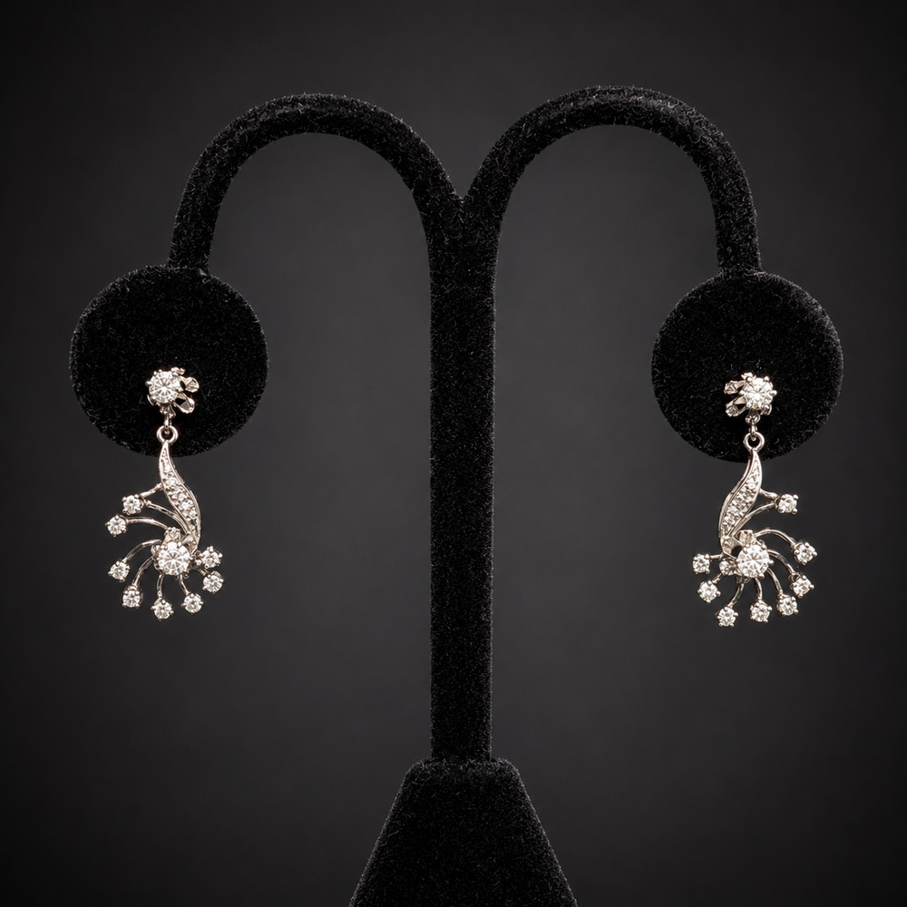 1950s Vintage Diamonds 14k White Gold Floral Earrings Screw Posts Drops 1.25"